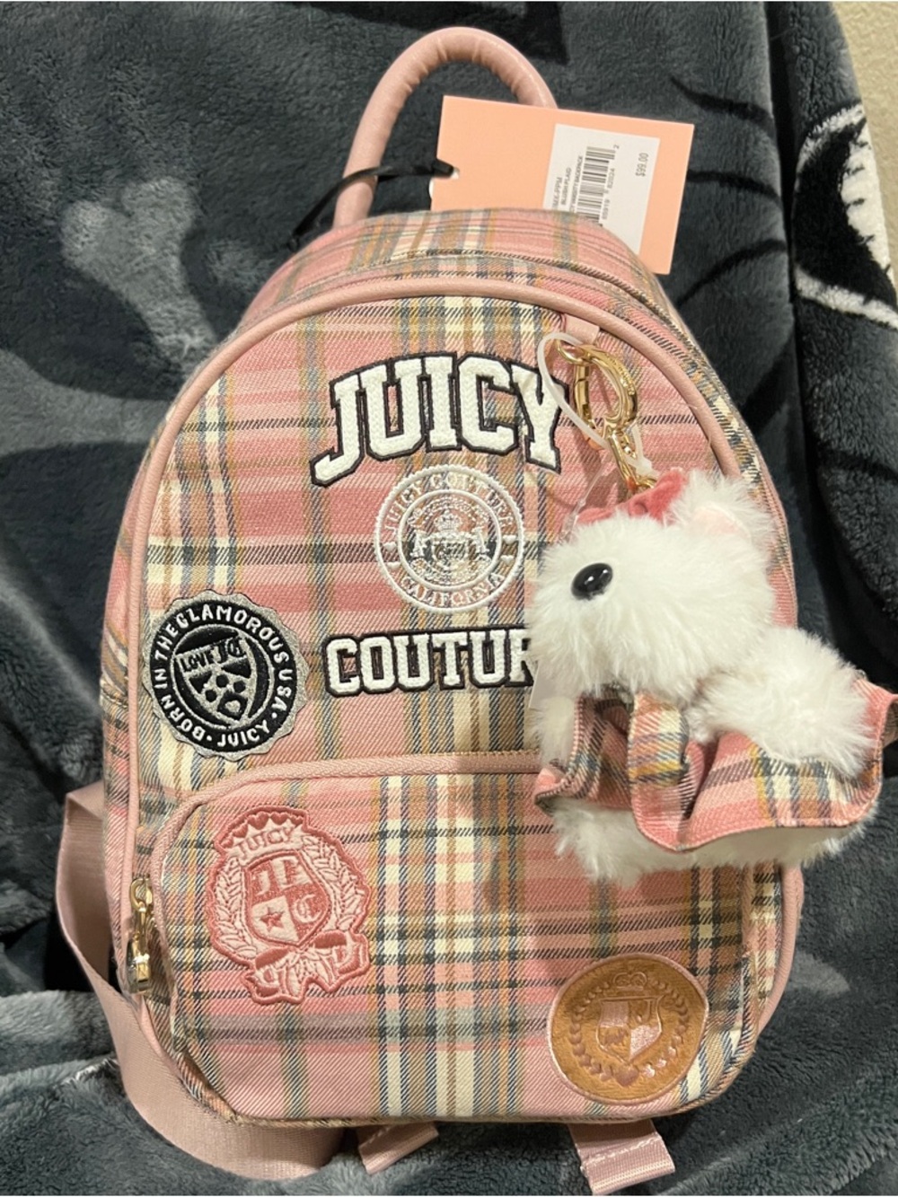 Juicy Couture Pink Plaid Mini Backpack with Plush Charm
